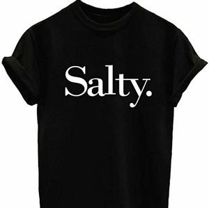 Black graphic tshirt with SALTY written on it